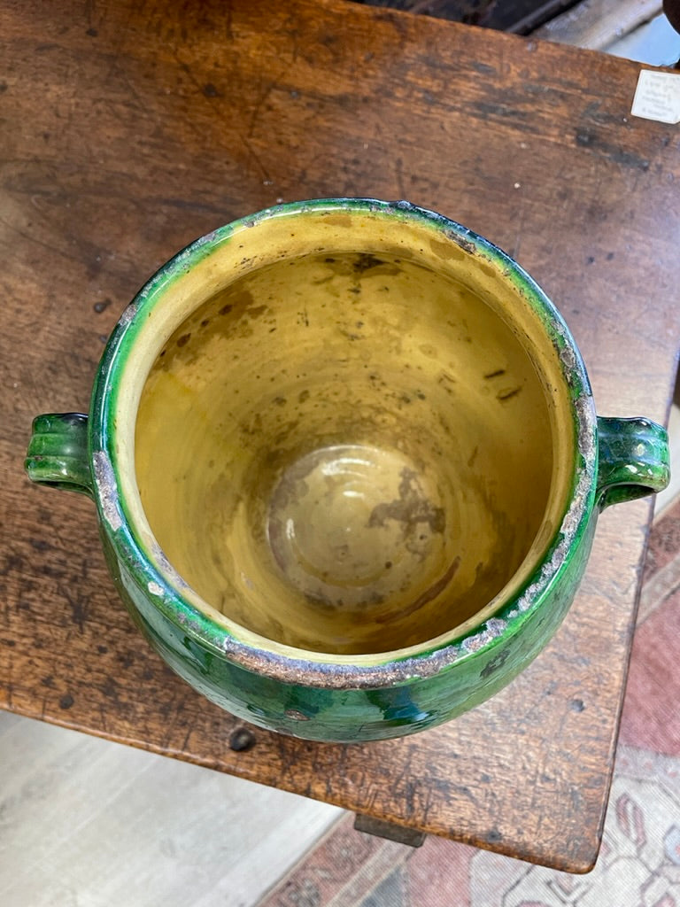 French Provincial green glazed confit jar, vintage