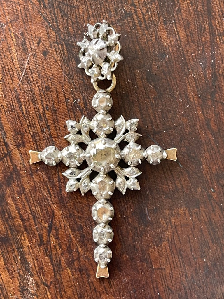 18th Century One Carrot Rose Cut Diamond Cross Pendant