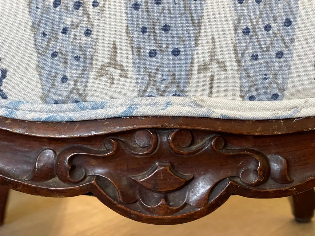 19TH CENTURY LOUIS XV STYLE CARVED STOOL, NEWLY UPHOLSTERED
