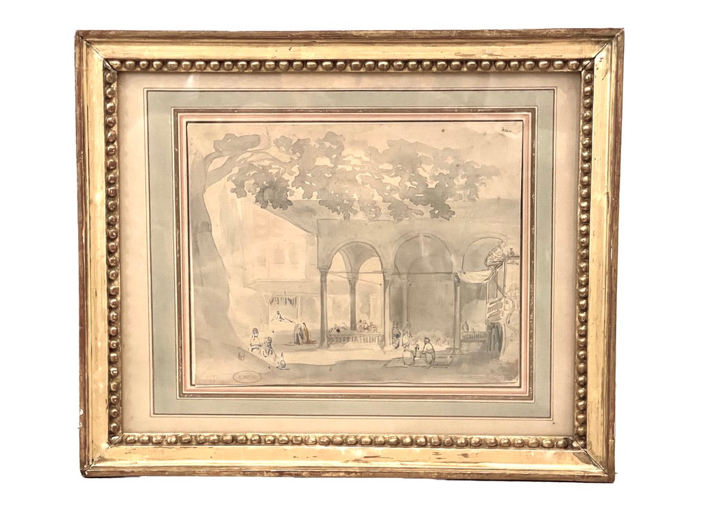 Orientalist Watercolor In Gilt Frame, Stamped for Emile D. Roux