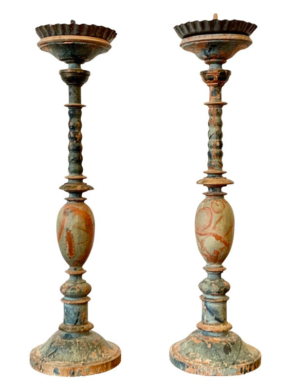 PAIR OF carved Polychrome SWEDISH CANDLESTICKS, 18TH CENTURY