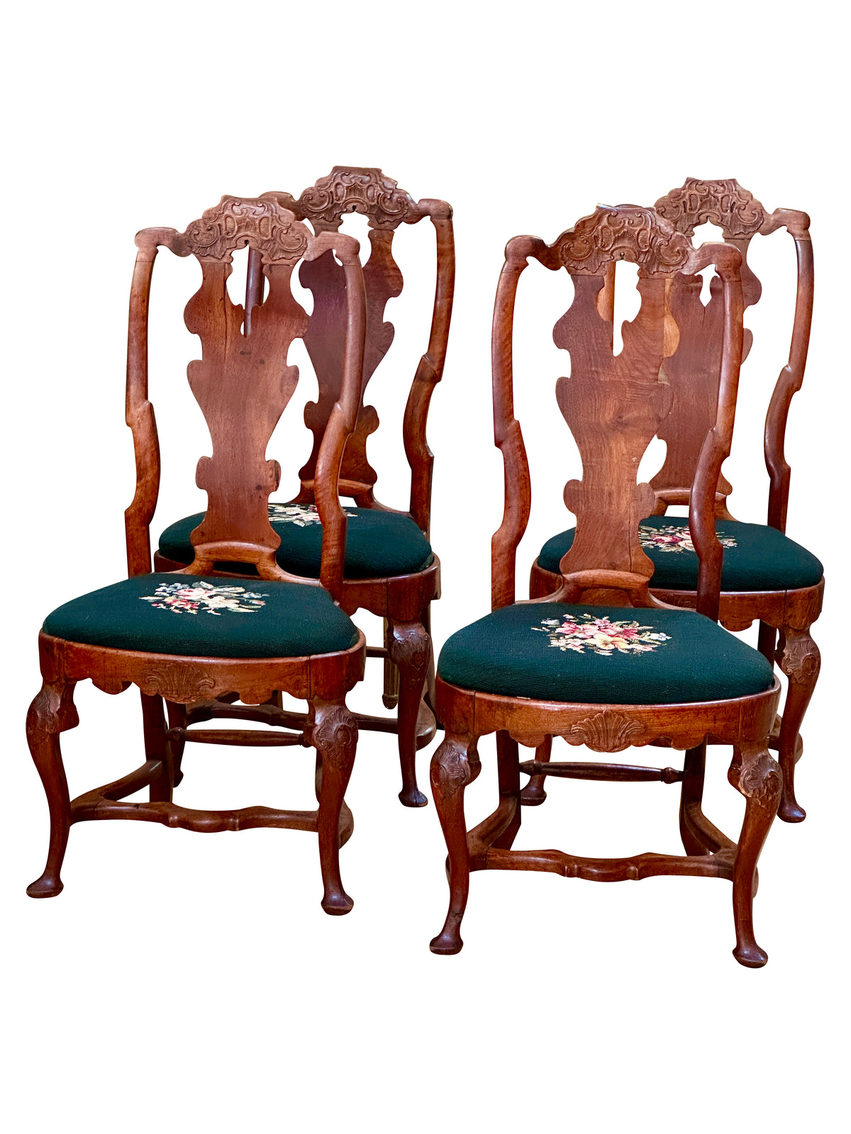 Set of Four Walnut Swedish Rococo Dining Chairs, c. 1780