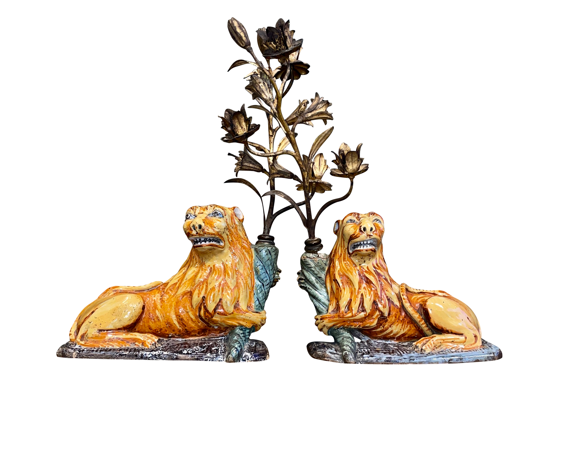 Pair of late 17th-early 18th Century Louis XIV faience reclining lions