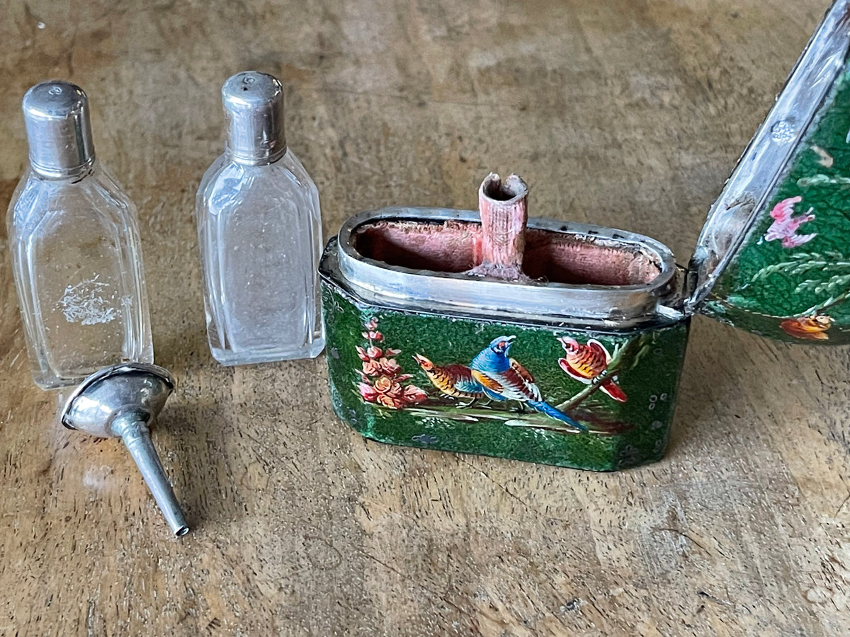 FRENCH LEATHER AND STERLING PERFUME SET AND ETUI