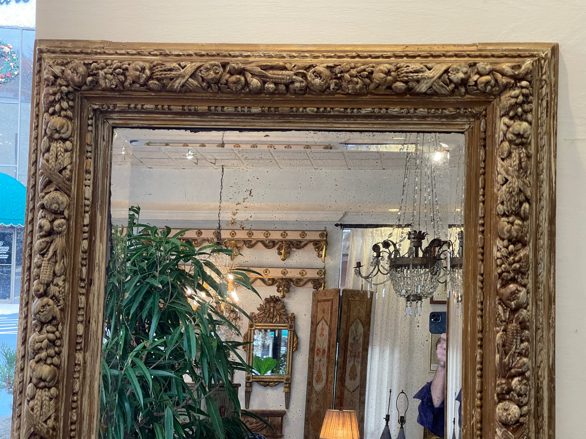 19TH CENTURY Italian Fruit Carved and Polychrome Tall Mirror