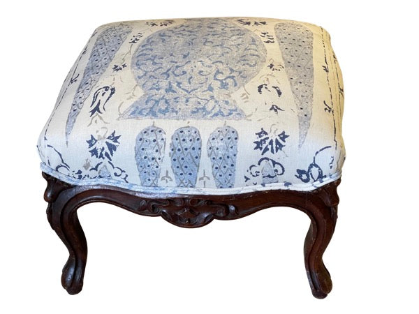 19TH CENTURY LOUIS XV STYLE CARVED STOOL, NEWLY UPHOLSTERED
