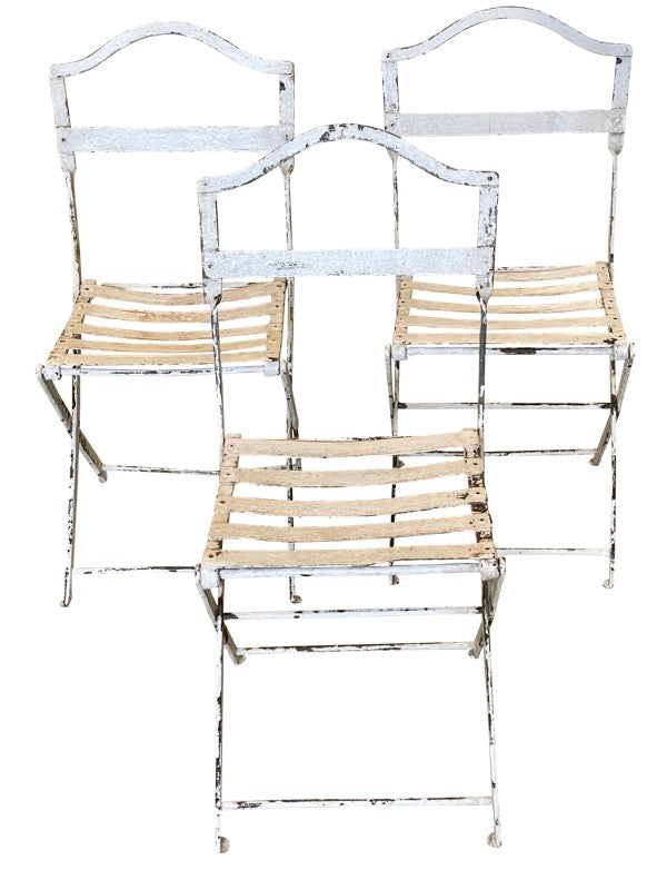 Three French Vintage White Folding Cafe Chairs