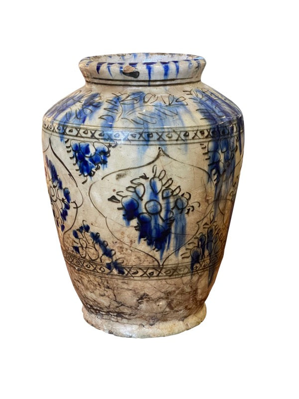 17th Century Persian Safavid Blue & White Pottery Vase Jar