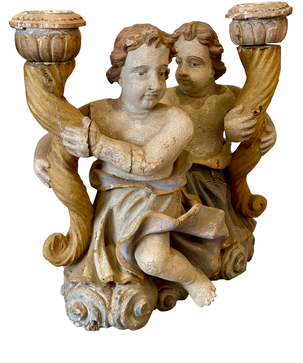 18th Century Continental Carved &amp; Polychrome Cherub Candle Holders