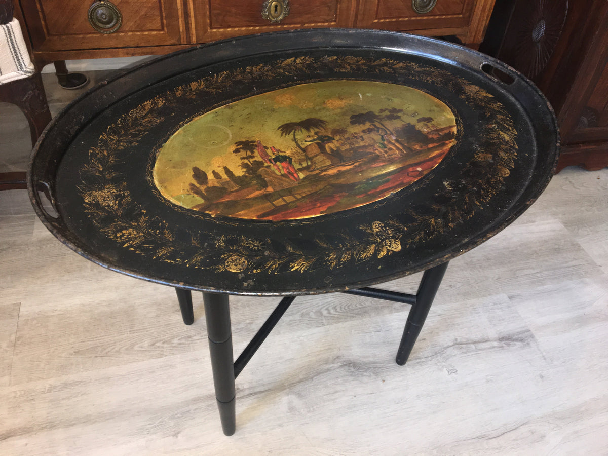 19th Century French Painted Tole Tray with Stand - Colonial Islands - Helen Storey Antiques