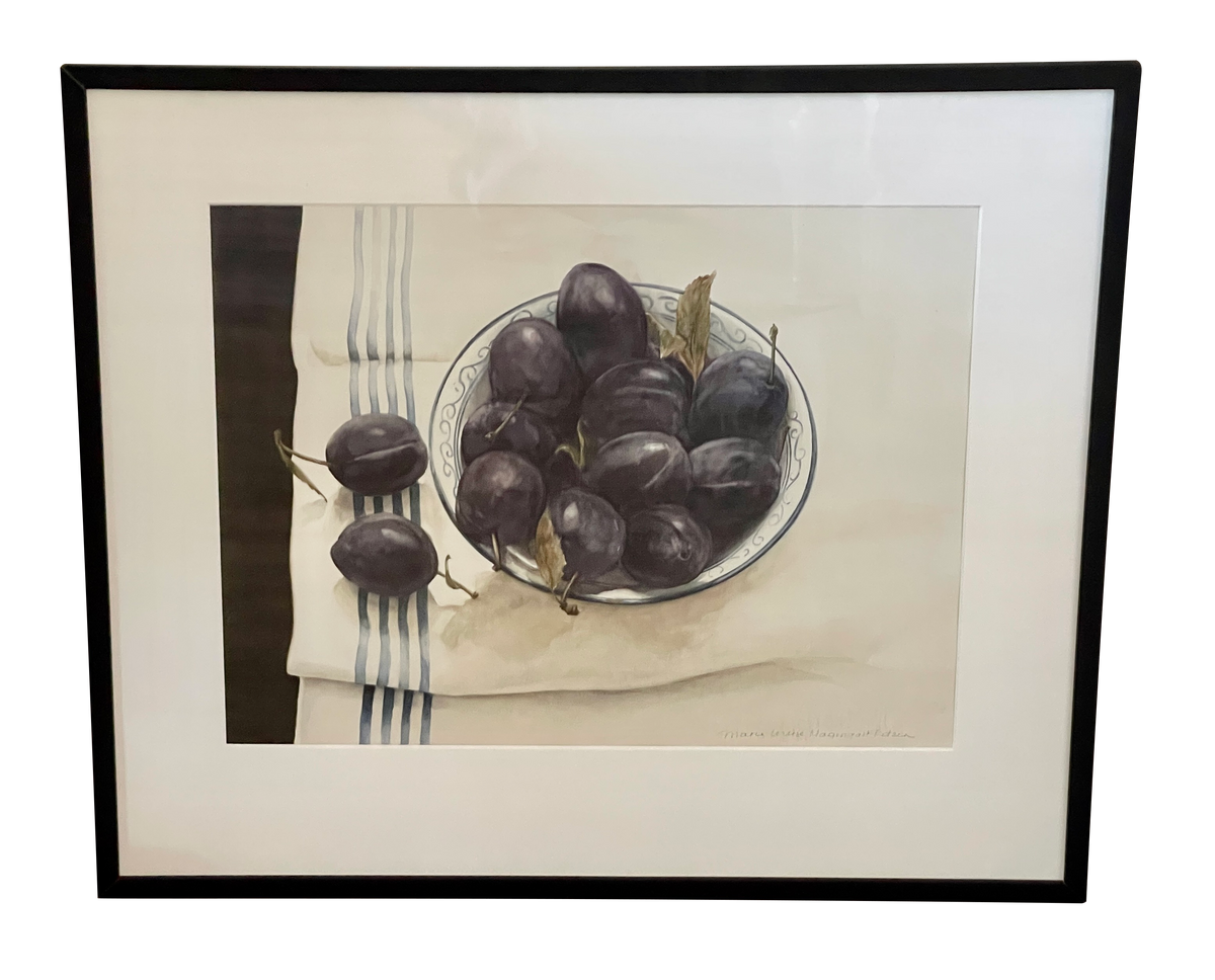 Fine watercolor of plums, linen, contemporary Dutch artist