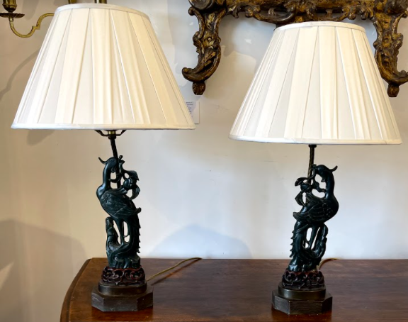 PAIR OF 19th Century JADE PHOENIX figures mounted as LAMPS