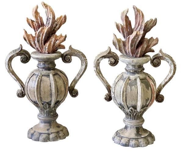Decorative Object - PAIR OF EARLY ITALIAN Carved, POLYCHROME  ARCHITECTURAL URNS