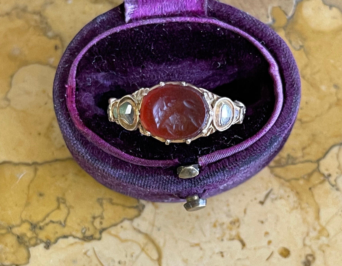 Jewelry - Georgian INTAGLIO CARNELIAN DIAMOND &amp; 9KT GOLD RING