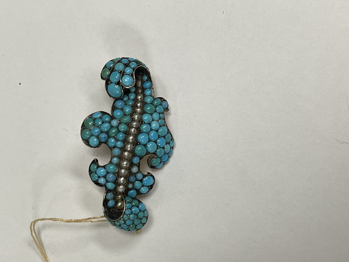 Jewelry - Victorian Leaf-Form Brooch With Turquoise &amp; Pearls