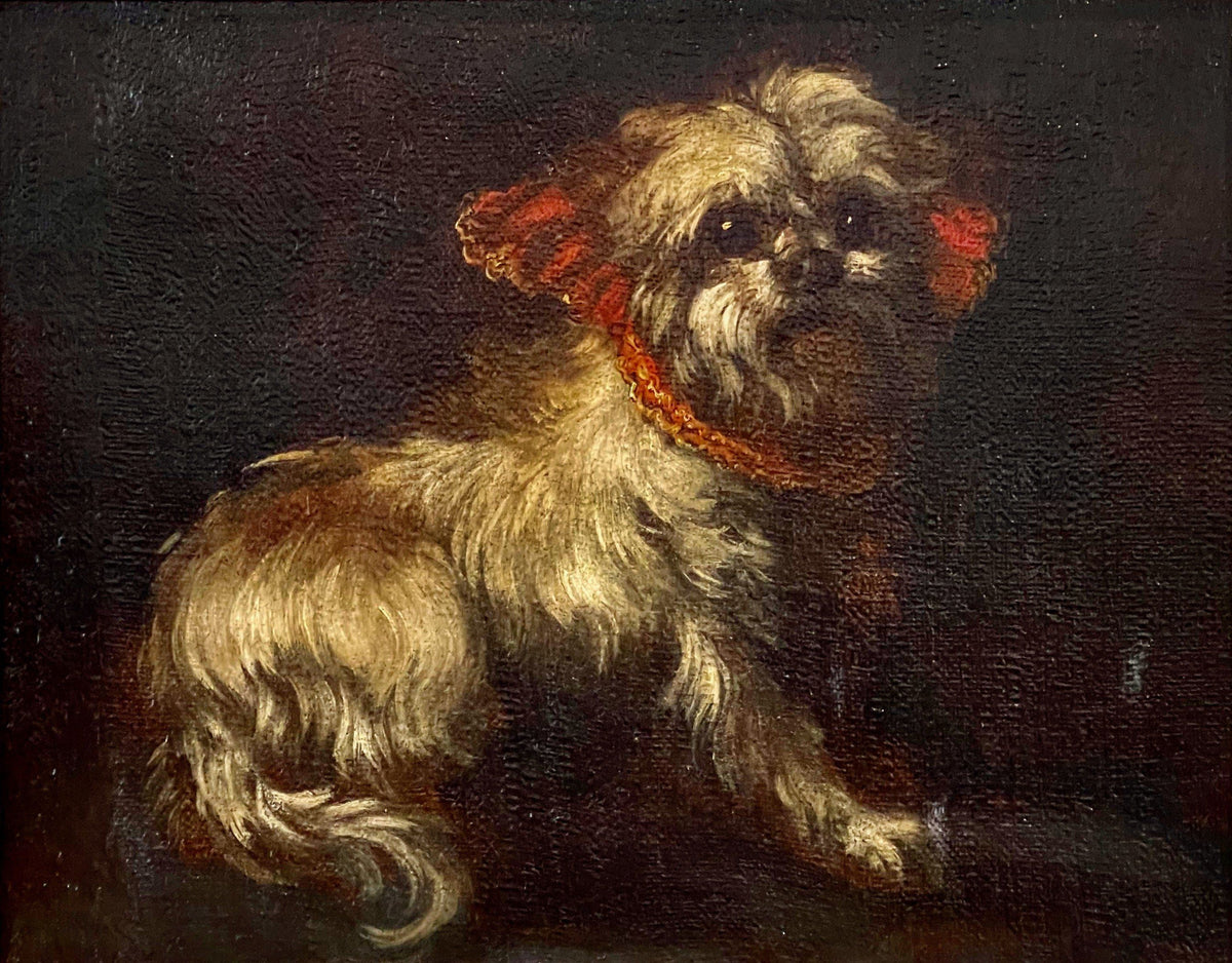 WHITE DOG WITH RED BOW, OIL ON CANVAS, FRANCE