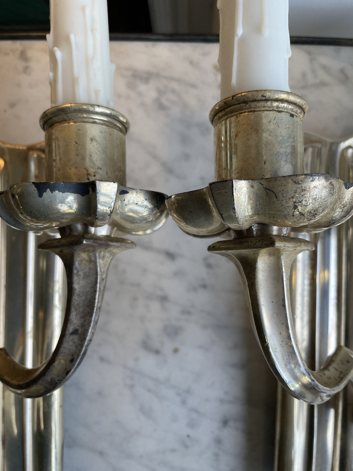 Sconces - PAIR OF SILVER PLATE LINENFOLD SCONES