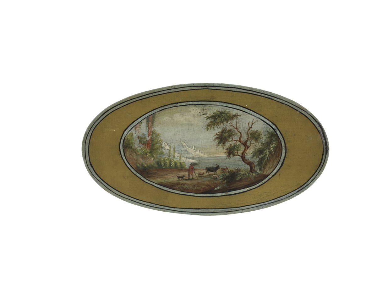 Fine Oval Teacaddy Polychrome, Hand-Painted Landscape c. 1750
