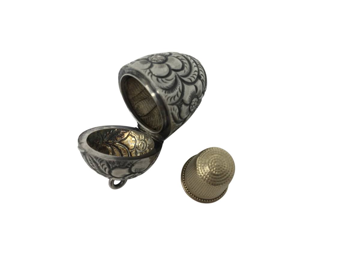 14k Gold Thimble with Sterling Case, 19th Century